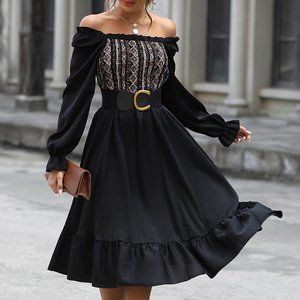 Off Shoulder Printed Flounce Sleeve Midi Dress